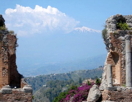 Etna from Taormina Greek theatre photo by Marc Destito Taormina greek theatre
